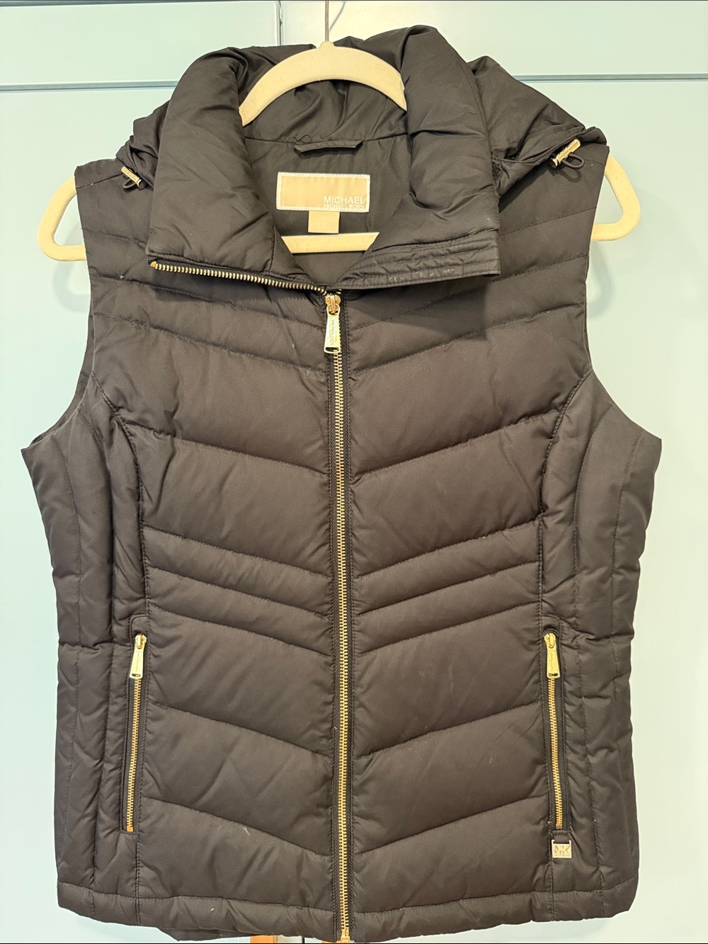 Michael Kors Black Quilted Hooded Puffer Vest with Gold Hardware